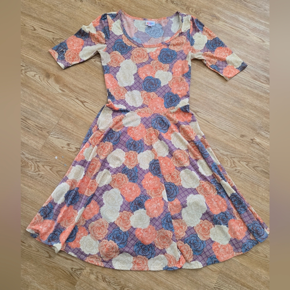 LuLaRoe Nicole Midi Dress with Orange, Cream, and Blue Floral Pattern